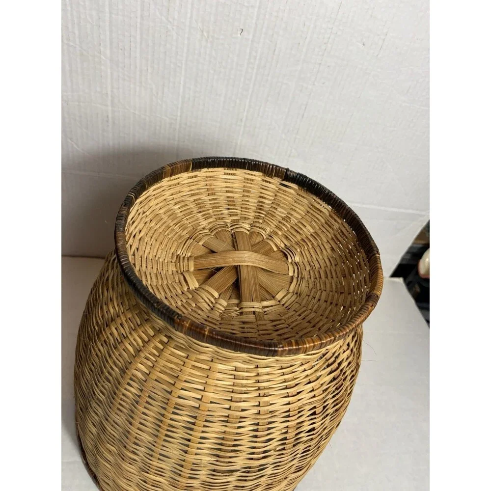 Vintage Pedestal Wicker Basket Planter Waste Basket Boho Rattan 11” Round